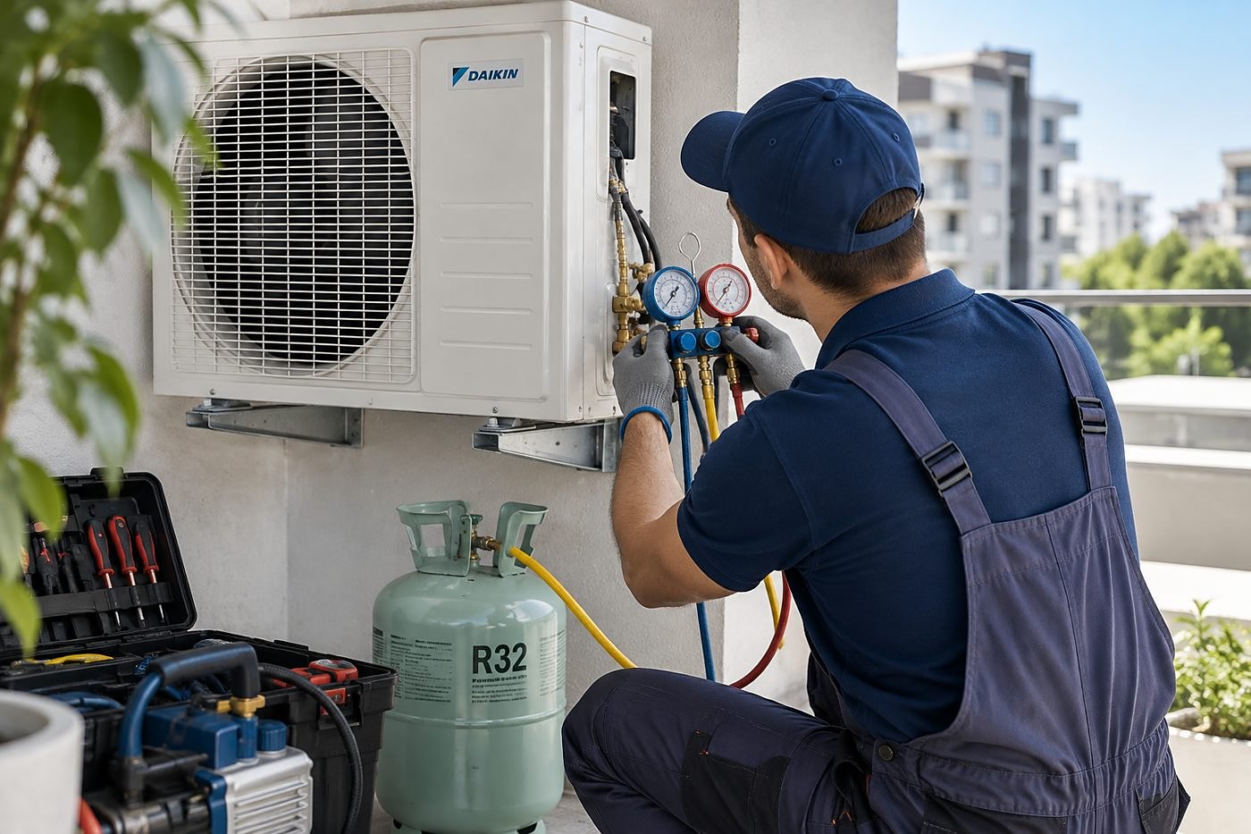 Refrigerant gauges connected to an outdoor unit during a re-gas