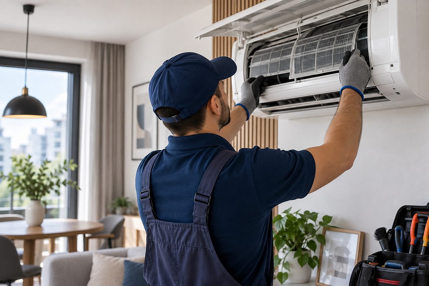 Engineer inspecting an indoor unit during a combined clean and service